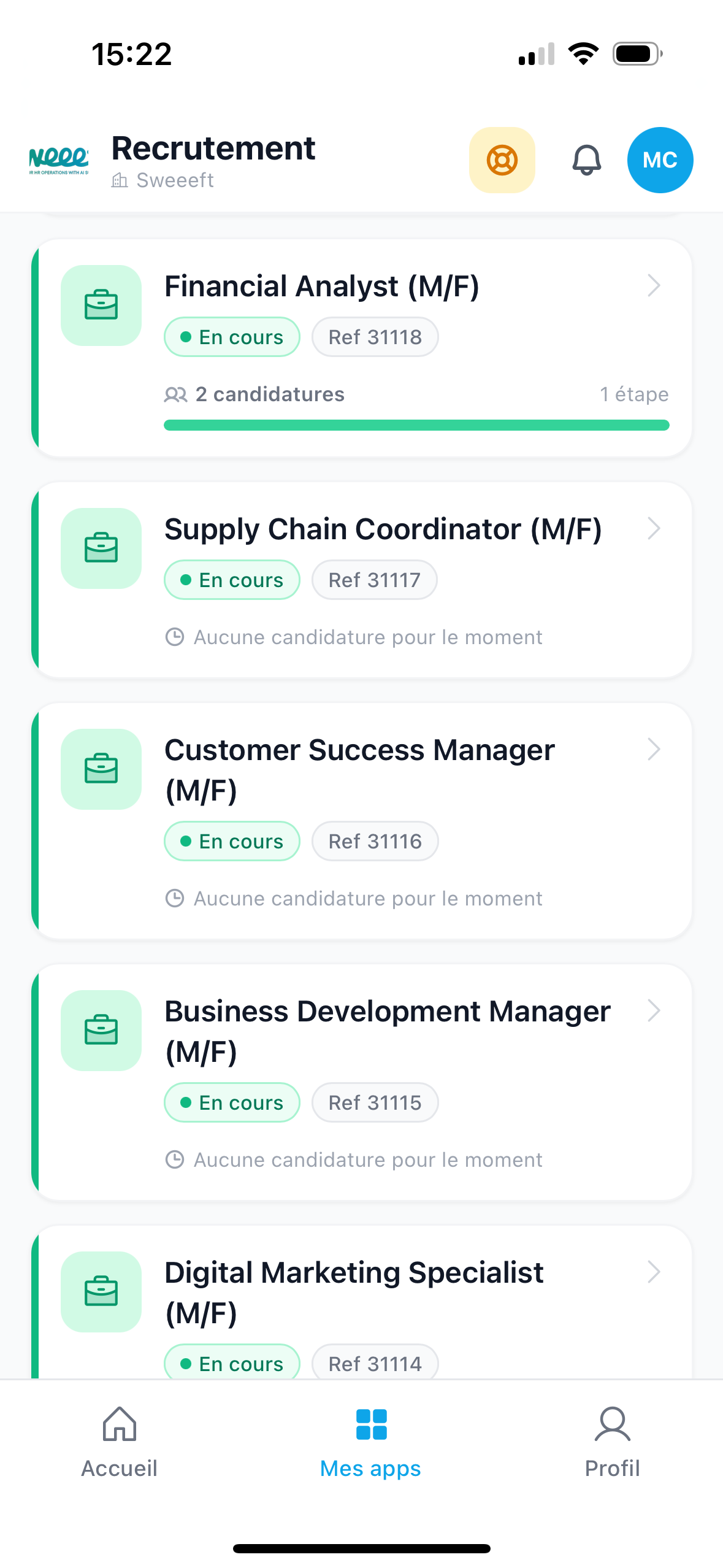 Application mobile de recrutement Sweeeft sur smartphone
