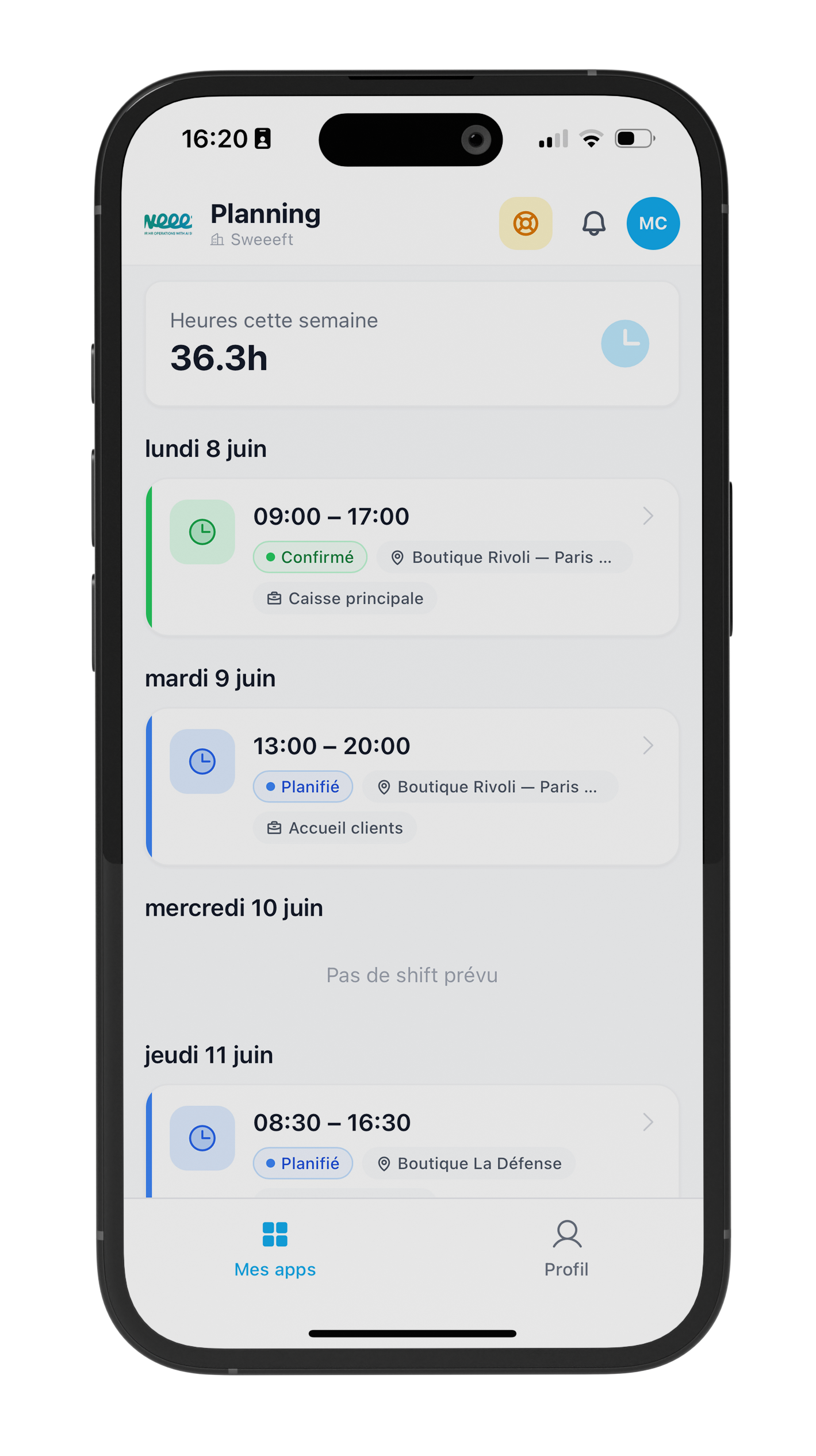 Application mobile planning avec planning, congés et indicateurs