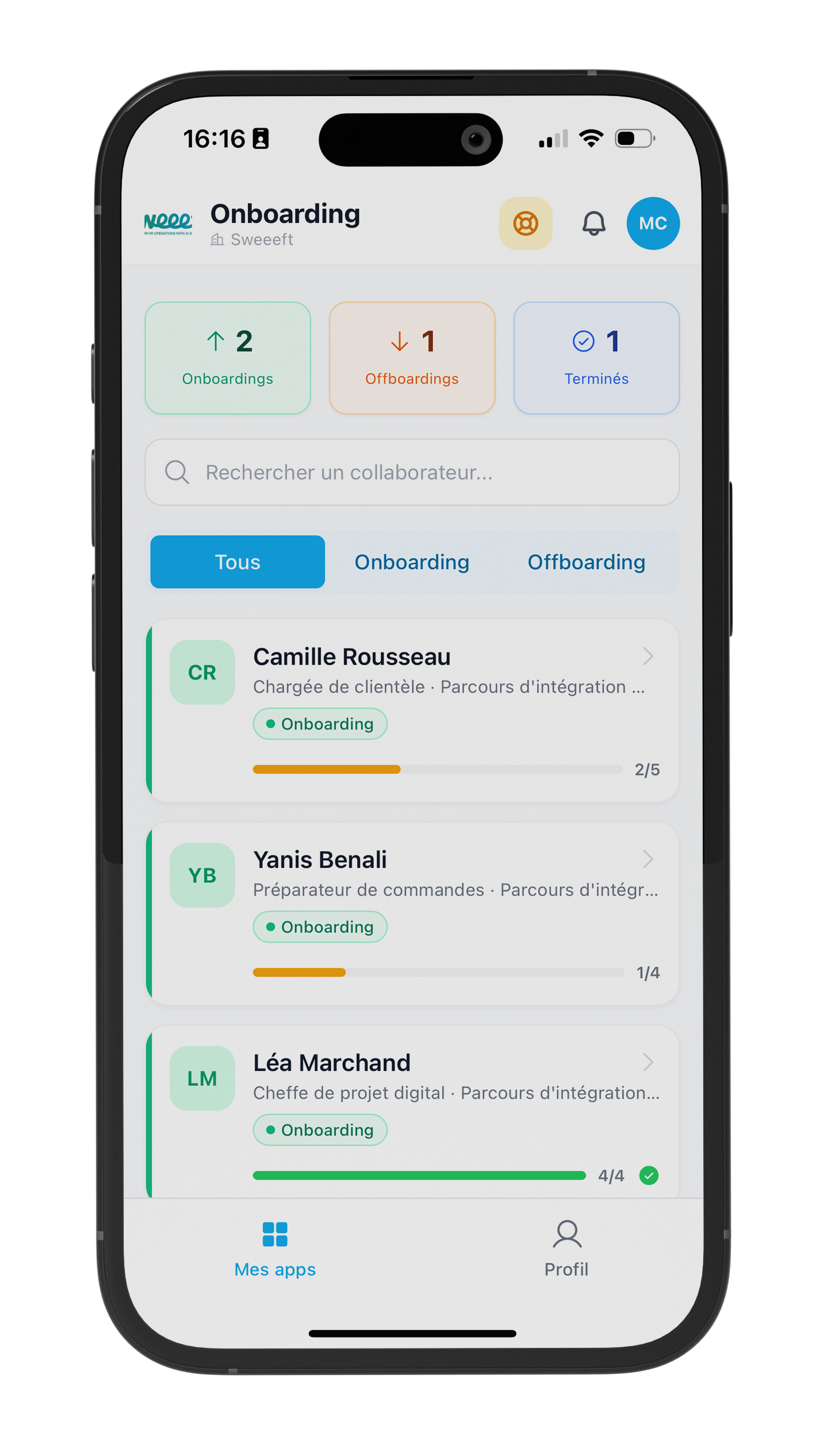 Application mobile onboarding avec dashboard, étapes des employés et parcours collaborateur