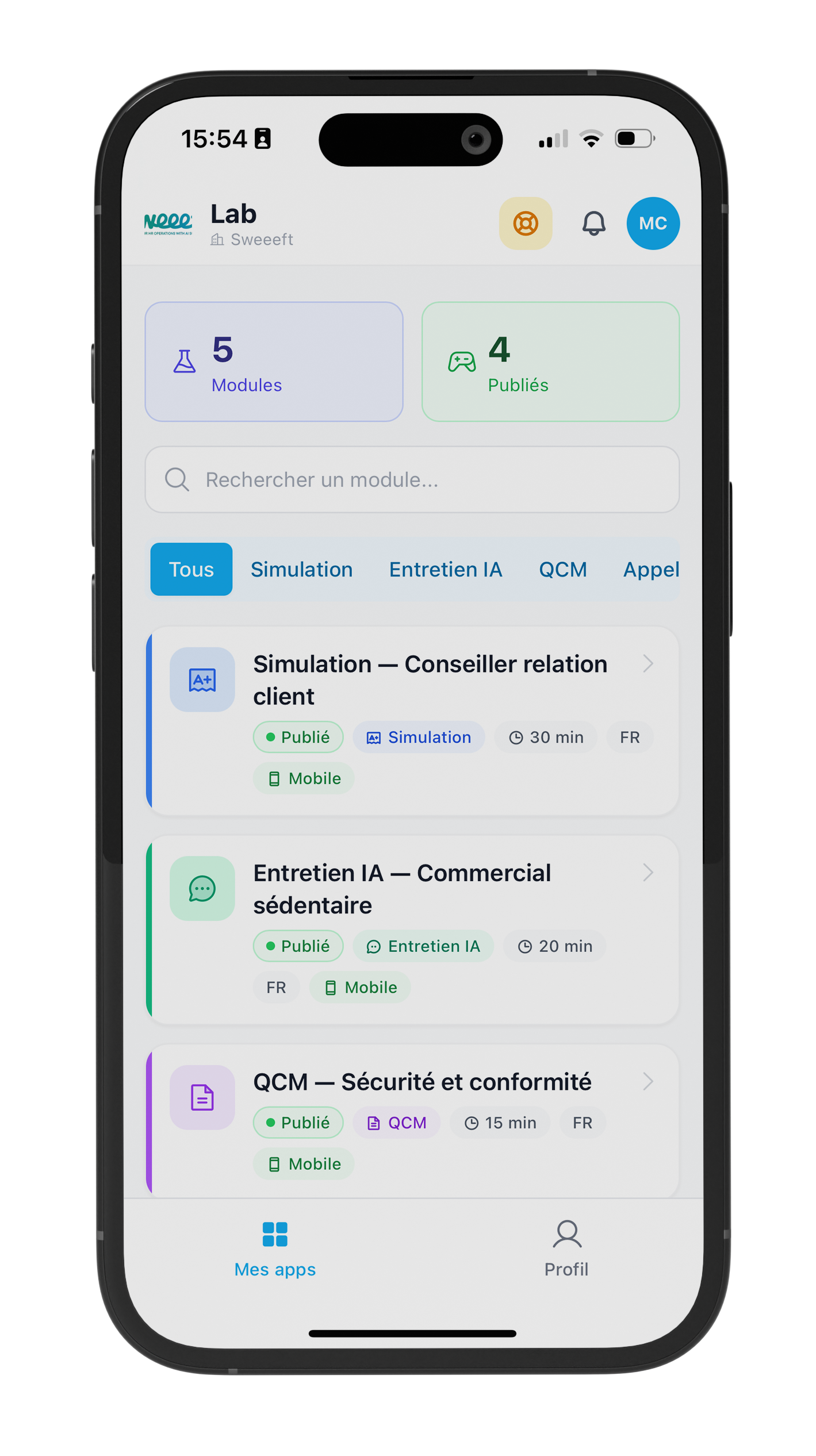 Application mobile Assessment avec entretiens planifiés, en cours, terminés et scores candidats